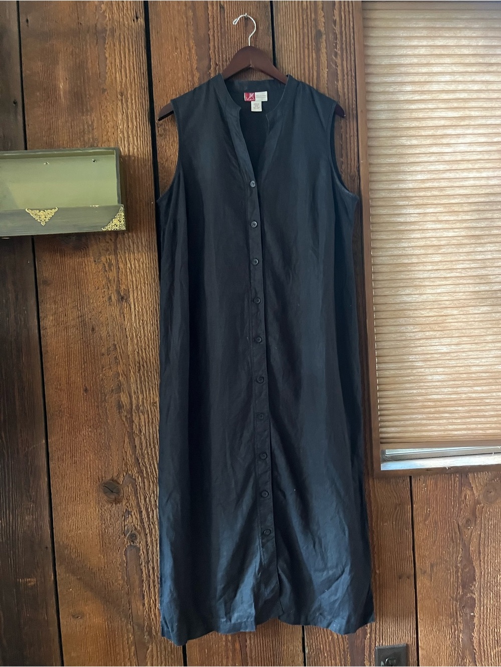 Vintage Black Linen Button-Front Tank Dress Size16W